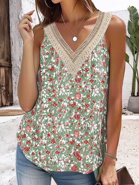

Casual V Neck Floral Tank Top Lace, Green, Blouses