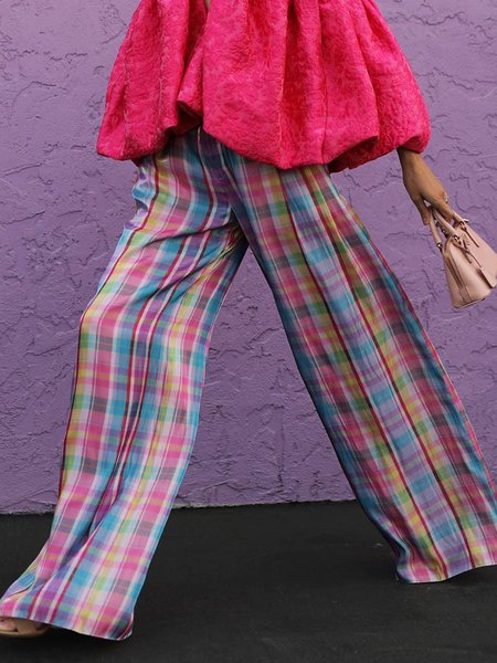 

High Waist Plaid Urban Fashion Wide Leg Pants, As picture, Pants