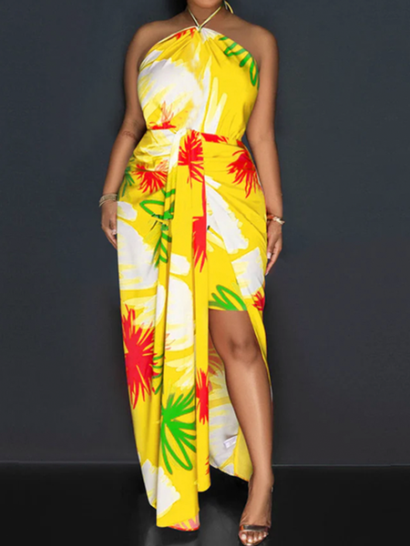 

Regular Fit Vacation Regular Fit Halter Sleeveless Maxi Dress, Yellow, Maxi Dresses