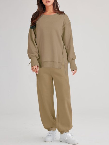 

Plain Crew Neck Casual Loose Two-Piece Set, Khaki, Sweatshirts & Hoodies