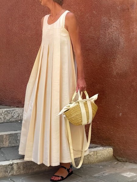 

Daily Casual Plain Loose Crew Neck Pleated Dress, Off white, Maxi Dresses