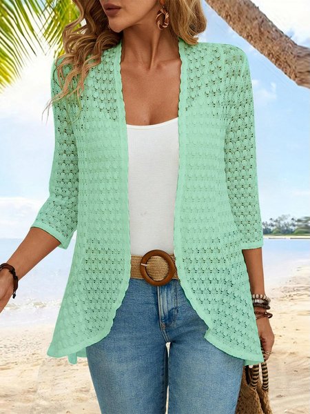 

Plain Jacquard Vacation Loose Cardigan / Kimono, Green, Shirts & Blouses