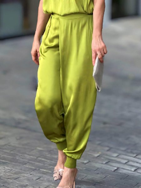 

Loose Plain Casual Pants, Yellow, Pants