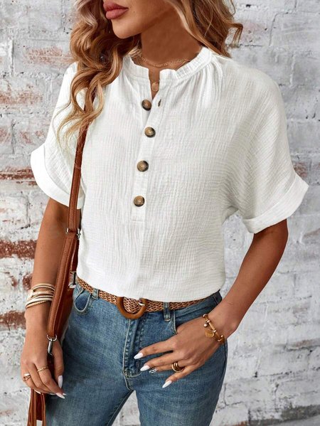 

Loose Half Open Collar Casual Blouse, White, Blouses & Shirts