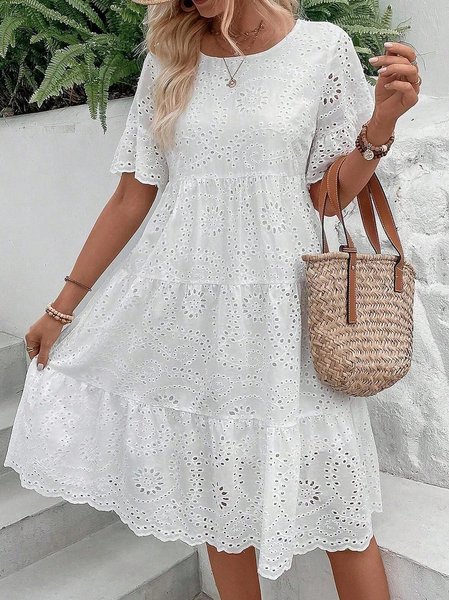 

Women Plain Crew Neck Short Sleeve Comfy Casual Midi Dress, White, Dresses