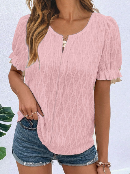 Notched Short Sleeve Plain Regular Loose Blouse For Women, Pink, Blouses