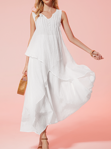 

Casual Plain Cotton And Linen Dress With No, White, Dresses