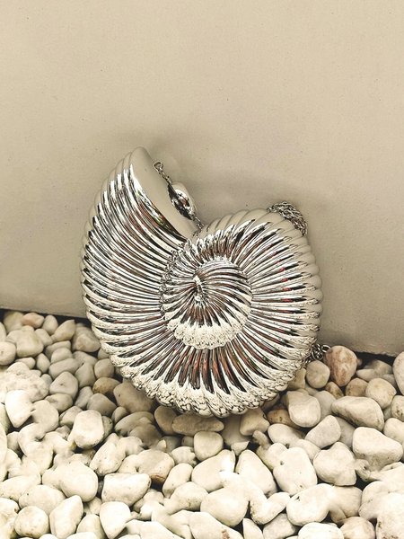 

Novelty Conch Shape Acrylic Clutch with Crossbody Metal Chain, Silver, Bags