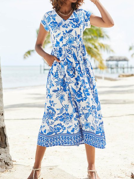 

Women Ethnic V Neck Short Sleeve Comfy Boho Midi Dress, Blue, Dresses