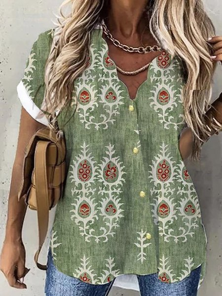 

Shirt Collar Short Sleeve Floral Regular Loose Shirt For Women, Green, Blouses