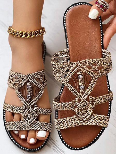 

Summer Plain Boho Pu Slide Sandals, Light brown, Slippers