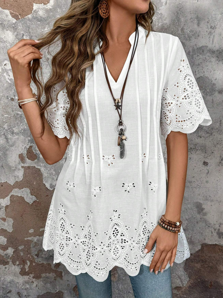 

V Neck Short Sleeve Plain Hollow Out Regular Loose Shirt For Women, White, Blouses