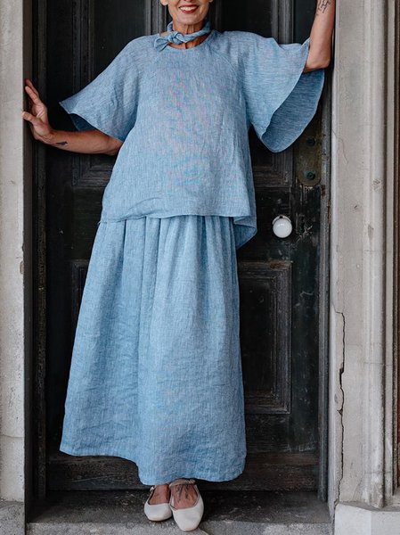 Women's Cotton Two Piece Sets Blue Summer Bell Sleeve 2 Piece Sets, Suit Set