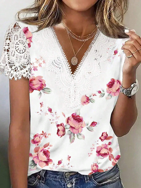 

V Neck Short Sleeve Floral Lace Regular Micro-Elasticity Loose Shirt For Women, White, T-shirts