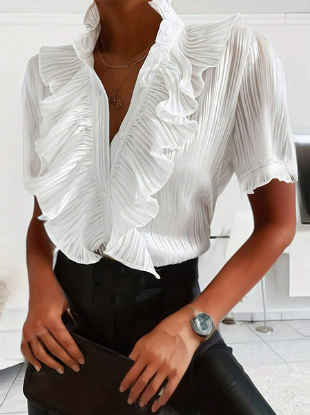 

V Neck Short Sleeve Plain Regular Loose Blouse For Women, White, Blouses