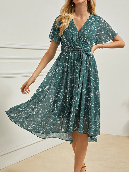 

V Neck Floral Elegant Midi Dress, Green, Dresses