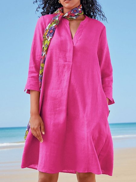 

Women Plain Notched Three Quarter Sleeve Comfy Casual Short Dress, Rose red, Dresses