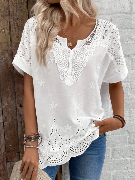 

Notched Short Sleeve Plain Lace Regular Loose Shirt For Women, White, Blouses