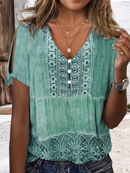 

V Neck Short Sleeve Plain Lace Regular Loose Blouse For Women, Green, T-shirts