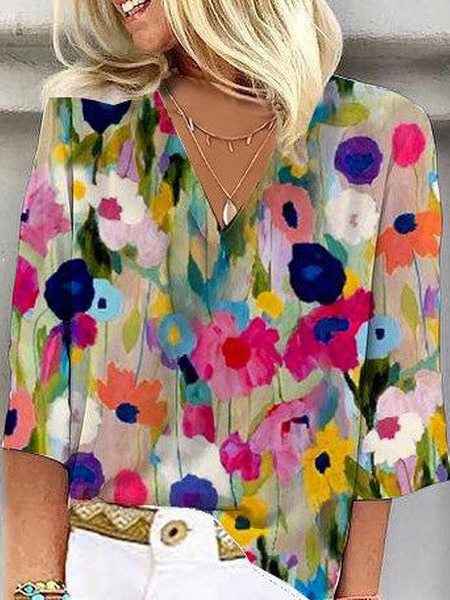 

Plus Size Floral Casual Loose V Neck Shirt, Multicolor, Blouses