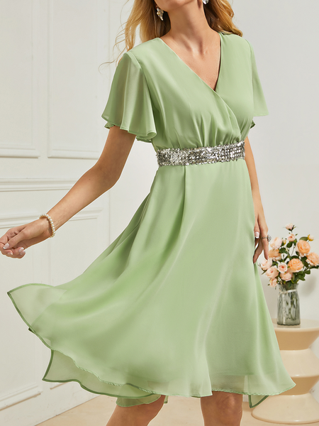

Elegant Plain V Neck Dress, Green, Dresses