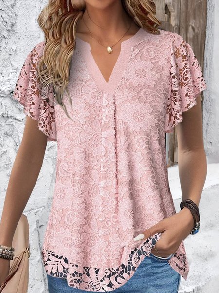 

V Neck Short Sleeve Plain Regular Loose Blouse For Women, Pink, Blouses