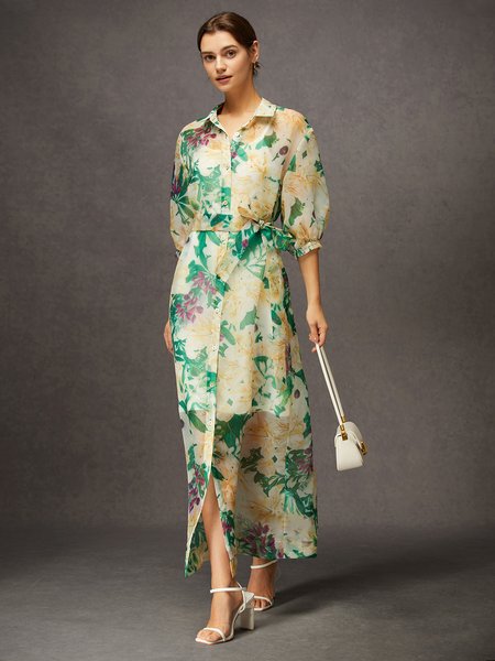 

Vacation Floral Button-Front Chiffon Belted Maxi Shirt Dress, Green, Maxi Dresses