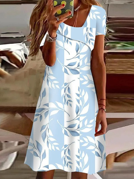 

Women Floral Asymmetrical Short Sleeve Comfy Casual Short Dress, Blue, Dresses