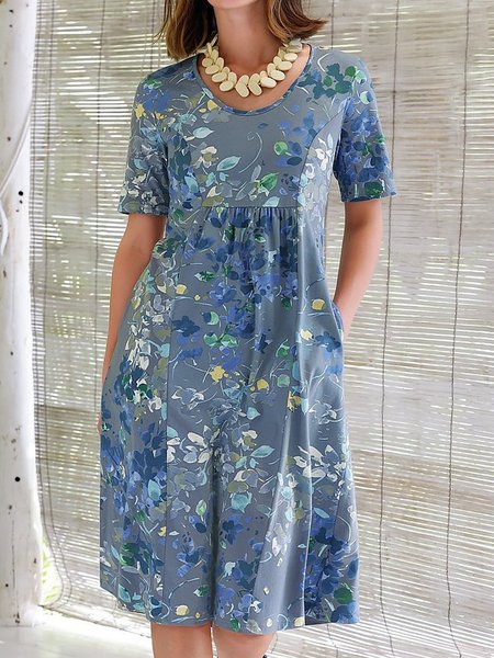 

Women Floral Crew Neck Short Sleeve Comfy Casual Midi Dress, Blue, Dresses