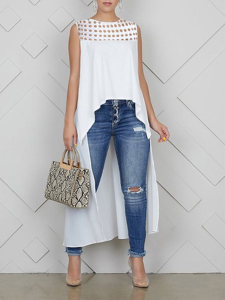 

Crew Neck Casual Plain Loosen Sleeveless Shirt, White, Blouses and Shirts