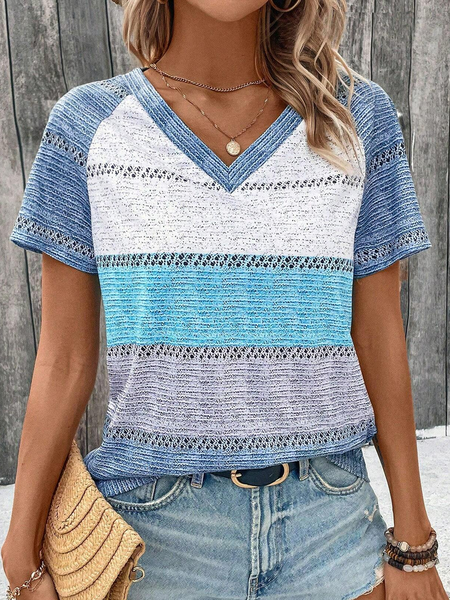 

V Neck Short Sleeve Color Block Regular Micro-Elasticity Loose Shirt For Women, Multicolor, Blouses