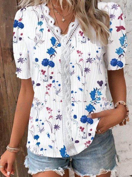 

V Neck Short Sleeve Floral Regular Loose Shirt For Women, Blue, Blouses