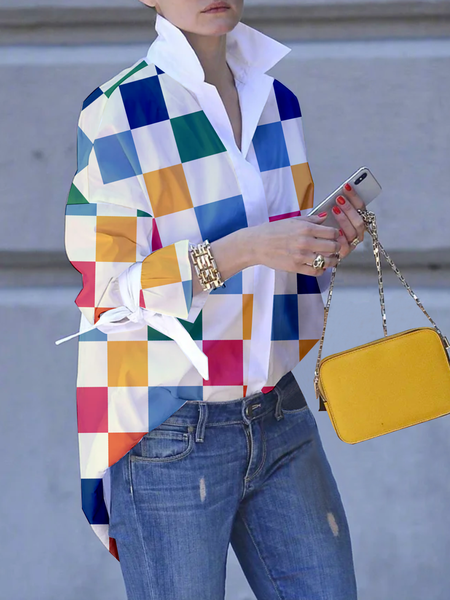 

Geometric Urban Loose Shirt Collar Long Sleeve Blouse, As picture, Blouses and Shirts