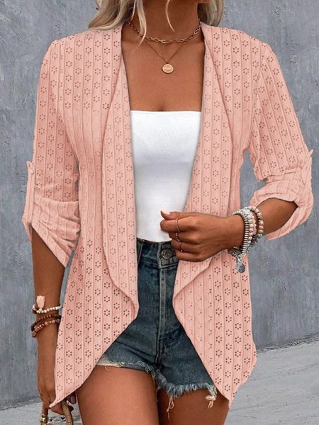 

Women's Shawl Collar Eyelet Casual Loose Plain Buttoned Cardigan, Pink, Jackets