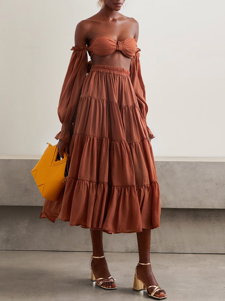 

Women Plain Strapless Long Sleeve Comfy Vacation Ruched Maxi Dress, Orange, Dresses