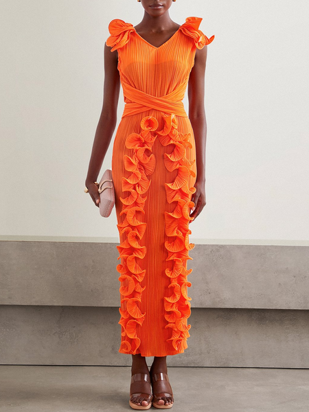 Women Plain V Neck Short Sleeve Comfy Vacation Ruched Maxi Dress, Orange, Dresses