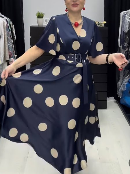 

Women Polka Dots Crew Neck Short Sleeve Comfy Casual Buckle Maxi Dress, Blue, Dresses