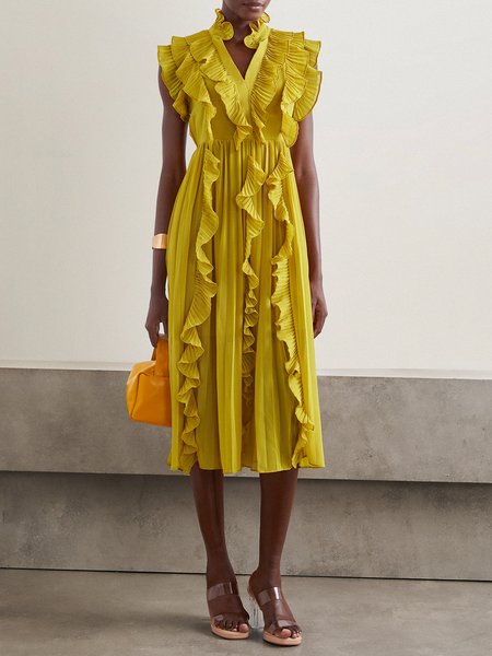 

Women Plain Lotus Leaf Collar Sleeveless Comfy Vacation Maxi Dress, Yellow, Dresses