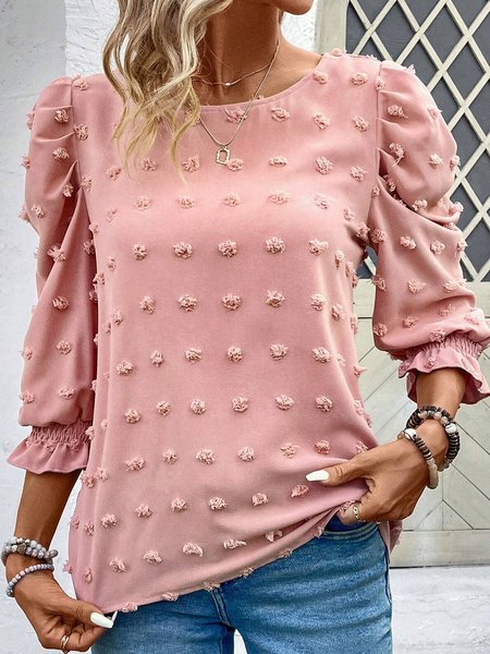 

Crew Neck Half Sleeve Plain Regular Loose Shirt For Women, Pink, Blouses