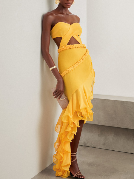 Women Plain Strapless Sleeveless Comfy Vacation Glitter Maxi Dress, Yellow, Dresses