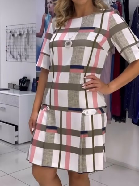 

Women Plaid Crew Neck Short Sleeve Comfy Casual Buckle Short Dress, Pink, Dresses
