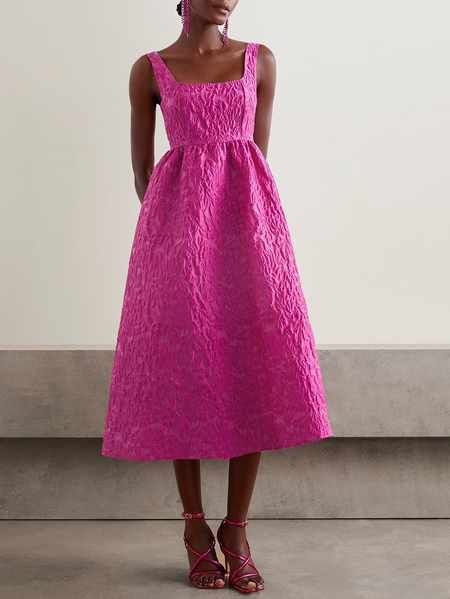 

Women Plain Square Neck Gallus Comfy Vacation Jacquard Maxi Dress, Rose red, Dresses