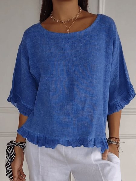 

Women's Half Sleeve Shirt Summer Blue Plain Ruffle Cotton Crew Neck Dolman Sleeve Daily Simple Top, Shirts & Blouses