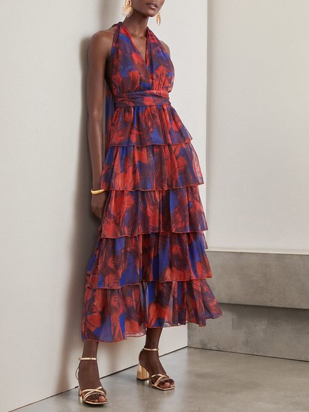 

Women Floral Halter Sleeveless Comfy Casual Maxi Dress, Red, Dresses