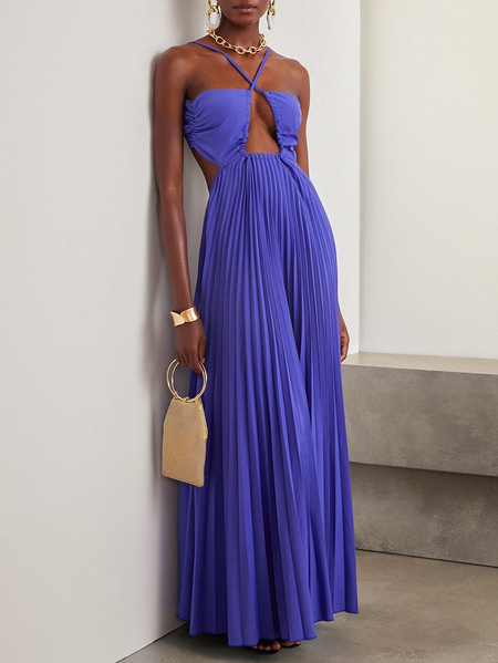 

Women Plain Halter Sleeveless Comfy Vacation Ruched Maxi Dress, Purple, Dresses
