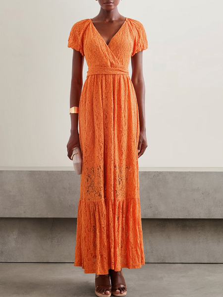 

Women Lace V Neck Short Sleeve Comfy Simple Maxi Dress Wedding Guest Dress, Orange, Maxi