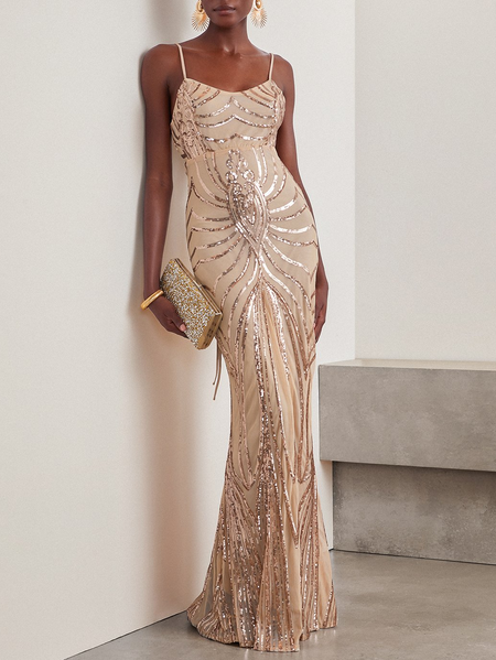 

Women Floral Sleeveless Comfy Vacation Glitter Maxi Dress, Golden, Dresses