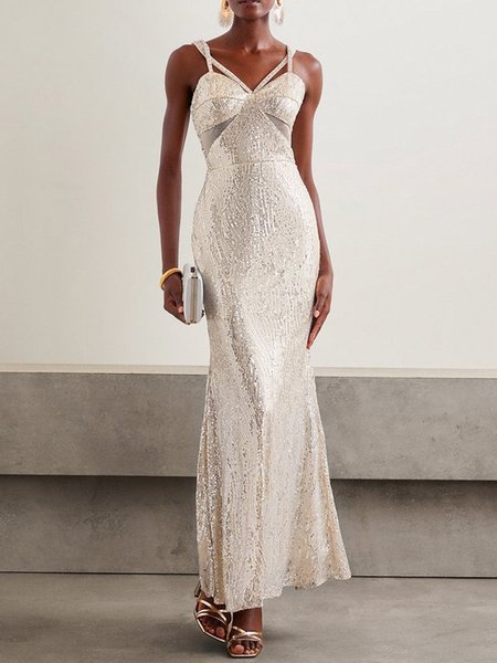 Women Plain Strapless Sleeveless Comfy Vacation Glitter Maxi Dress, Silver, Dinner dress