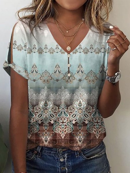 

Casual Nationality/ethnic V Neck Short Sleeve T-shirt, Blue, T-shirts