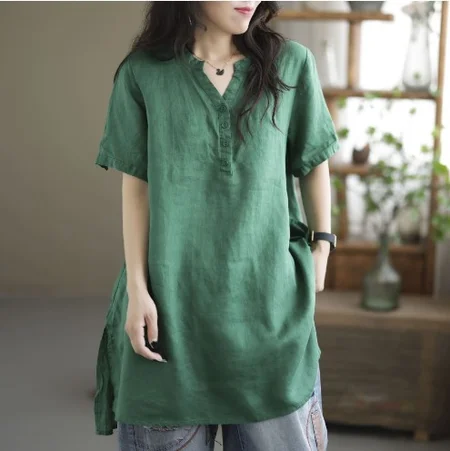 

Notched Casual Plain Cotton-Blend Blouse, Green, Blouses & Shirts